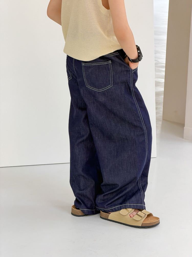 【100-170cm】韓版輕薄明線直筒牛仔褲