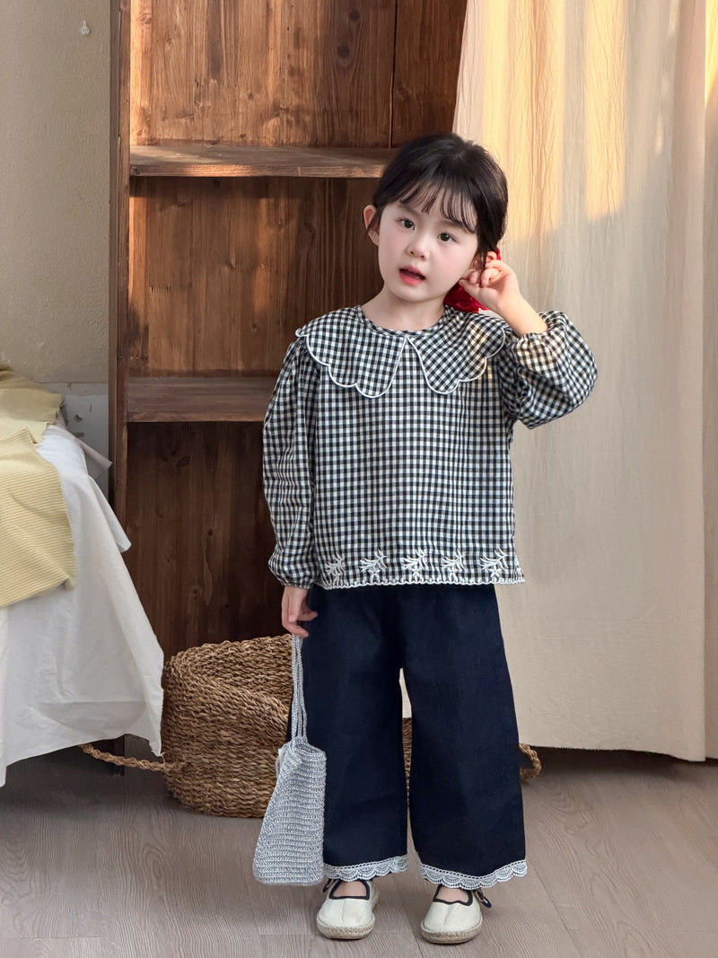 【90-140cm】重工刺繡格子襯衫