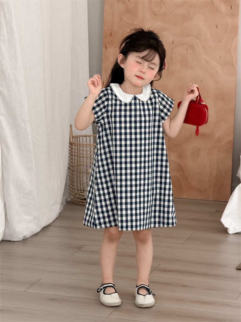【80-130cm】韓版格子花邊領連身裙