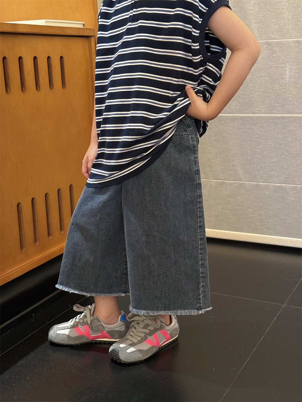 【100-160cm】做舊牛仔闊腿八分褲