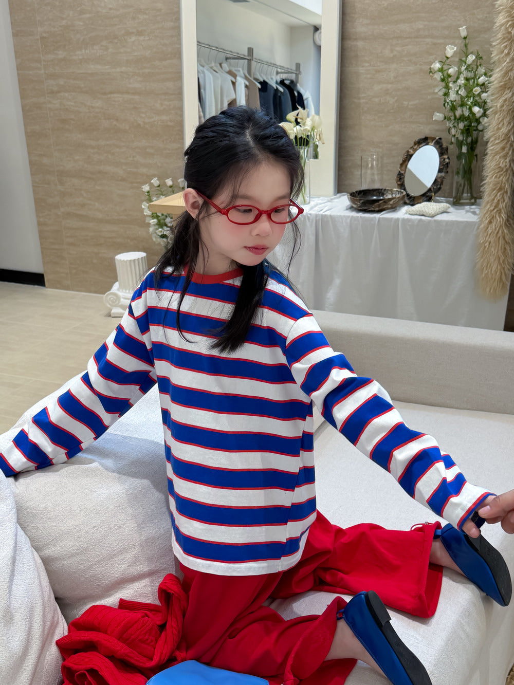 【100-160cm】韓版後背字母條紋T