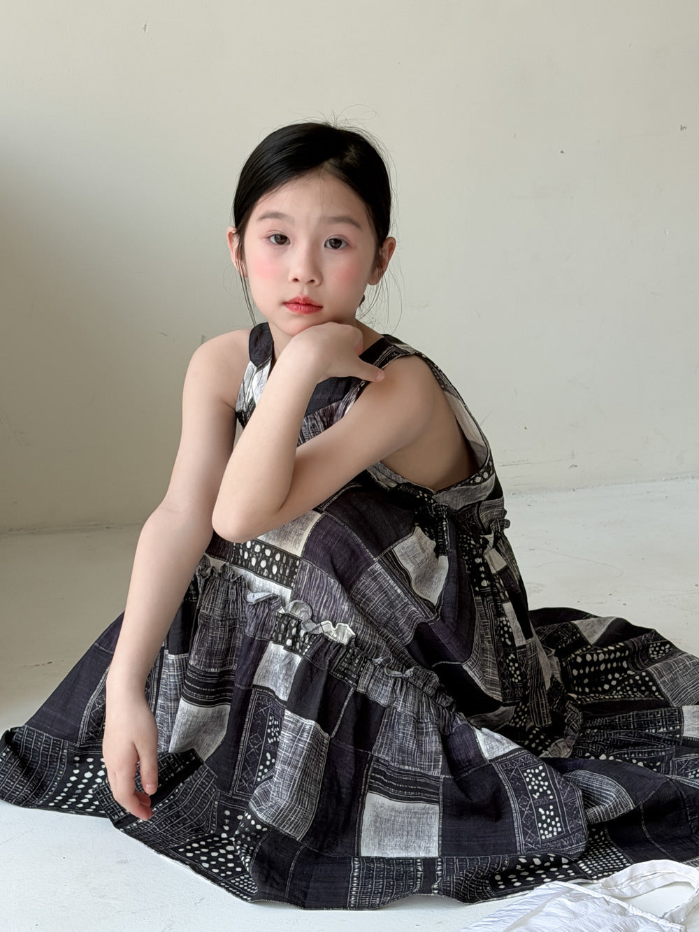 【100-160cm】韓版花邊格子掛脖連身裙