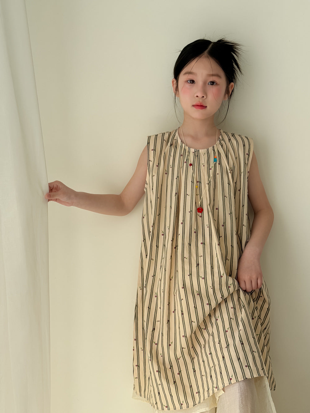 【100-160cm】韓版豎條紋小花背心裙