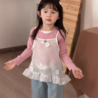 【90-140cm】蕾絲花朵鏤空網吊帶上衣 | 拼色假兩件彈力打底衫