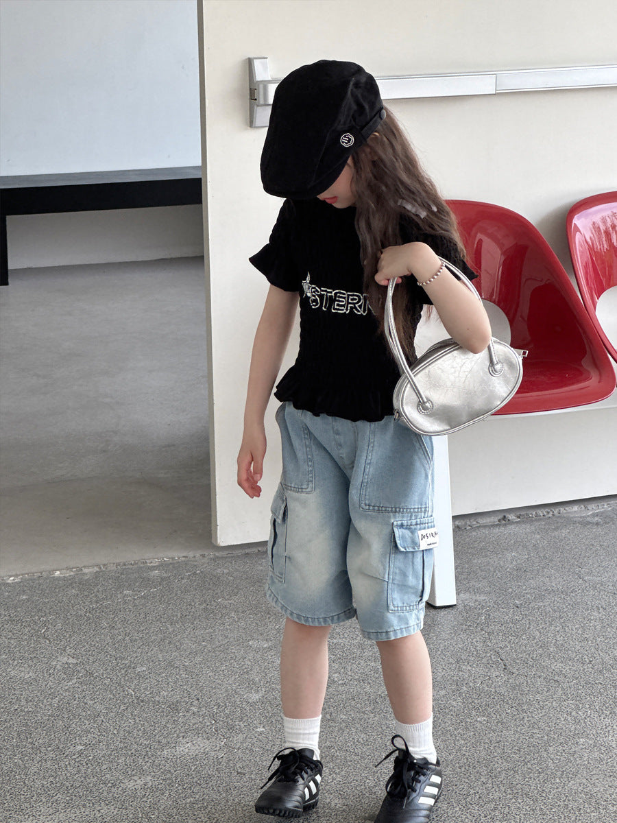 【100-150cm】工裝牛仔五分褲