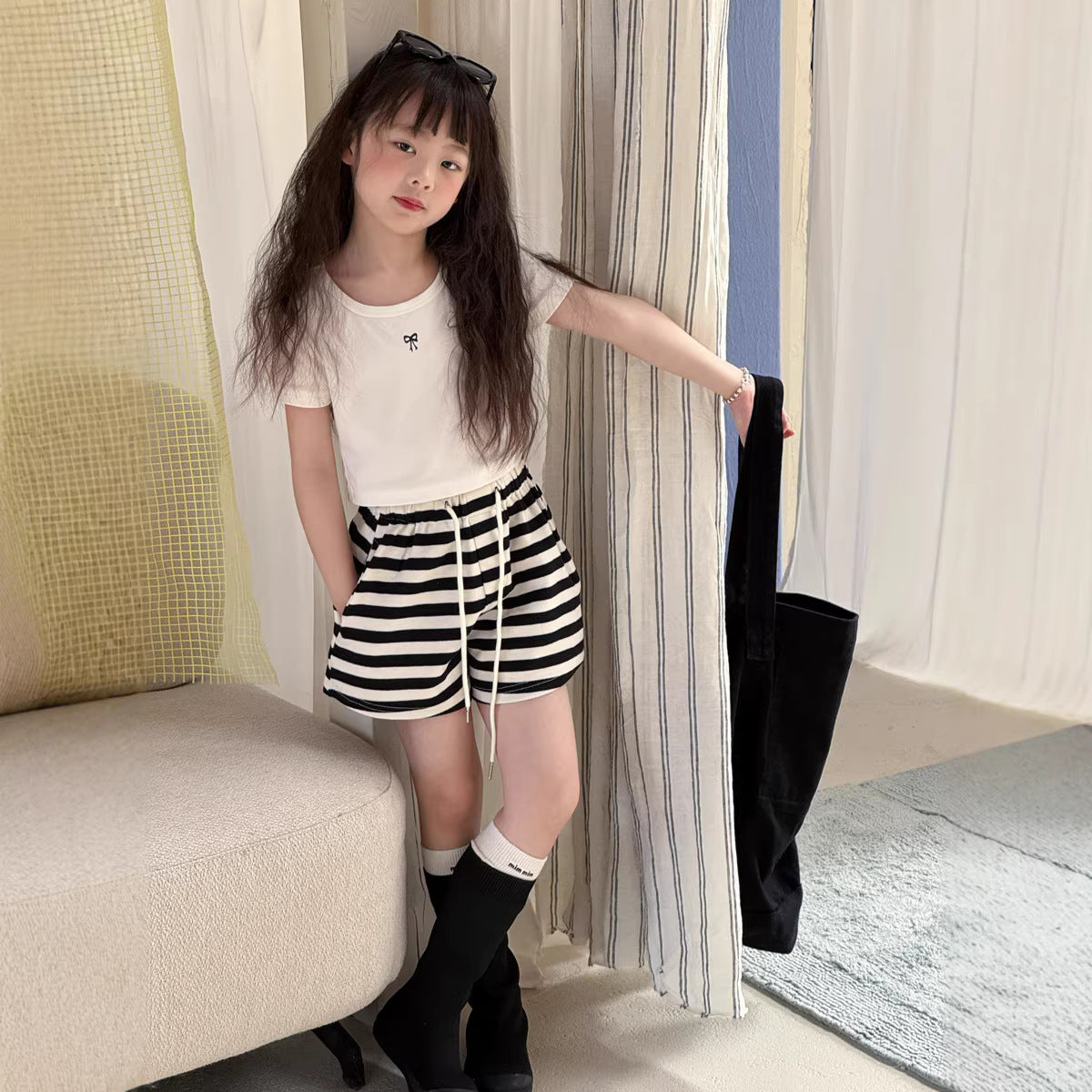 【100-150cm】黑白條紋休閒寬短褲