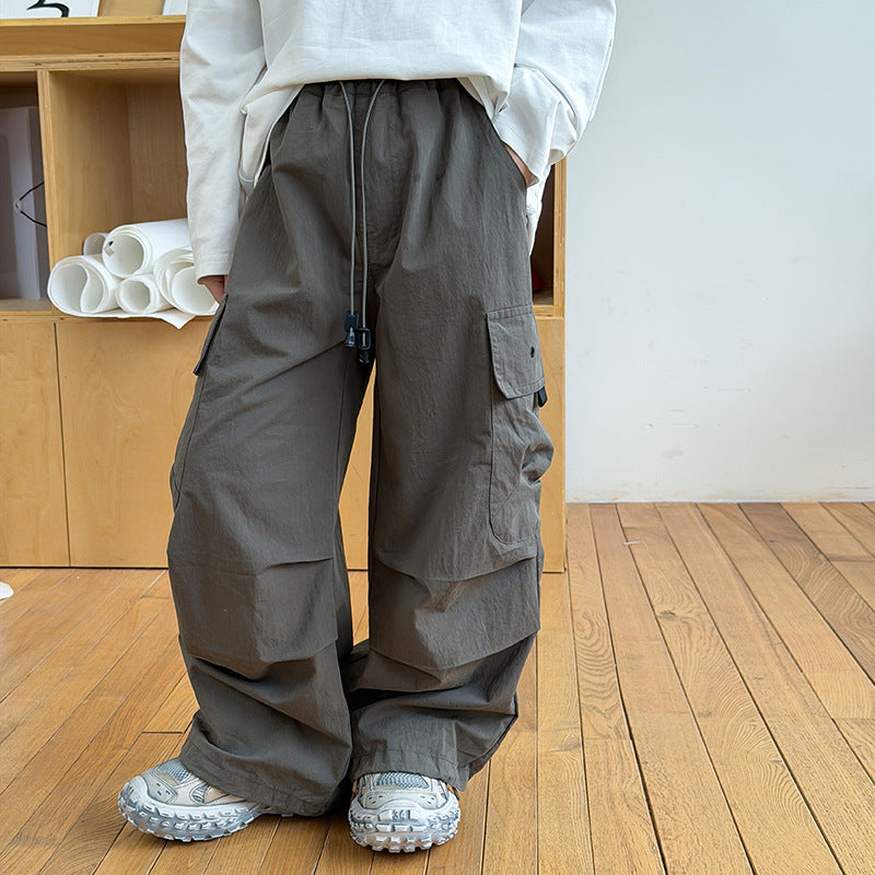 【100-170cm】抽繩寬鬆大口袋工裝褲