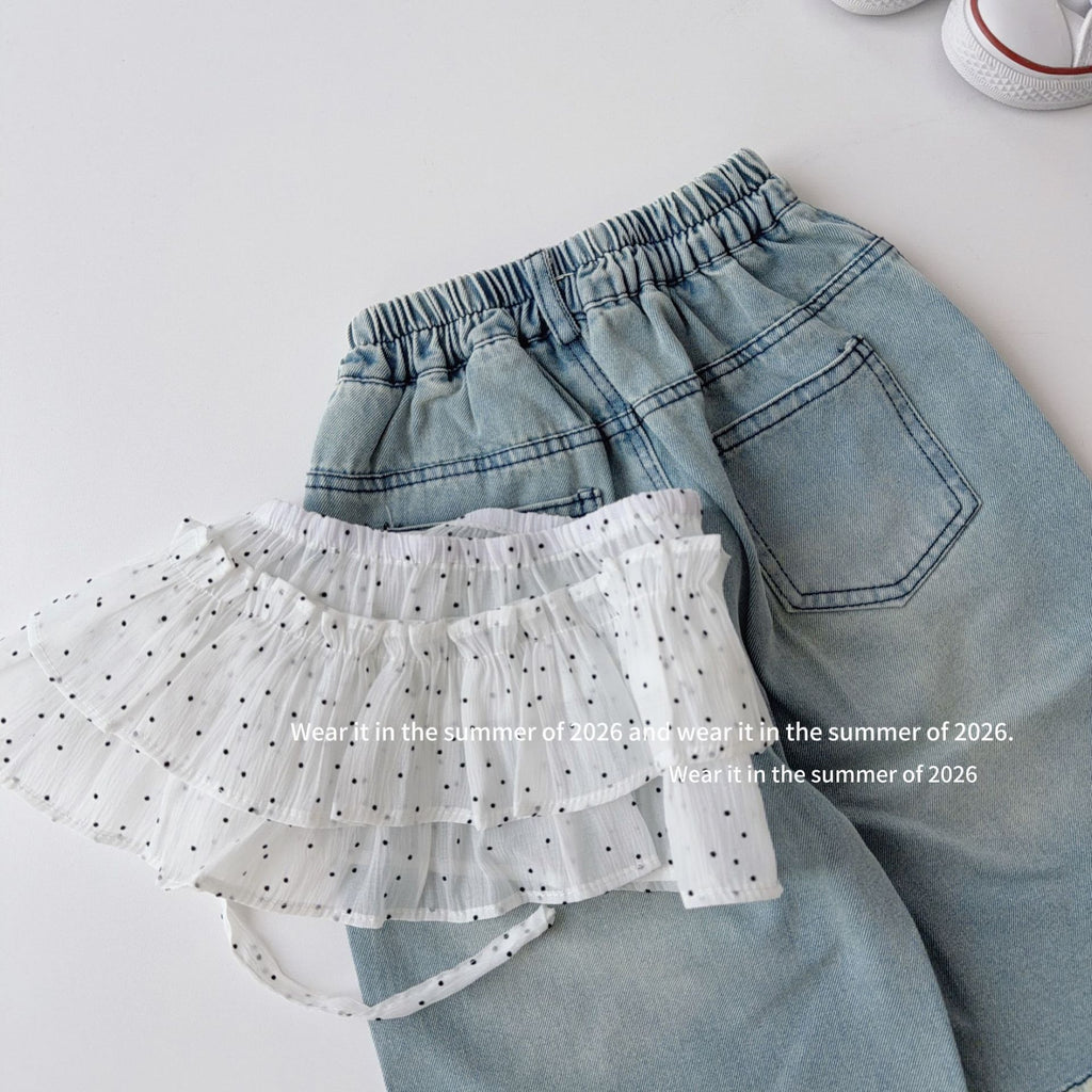 【90-150cm】韓版休閒牛仔褲(附波點屁簾)