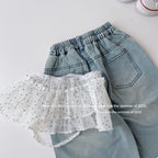 【90-150cm】韓版休閒牛仔褲(附波點屁簾)
