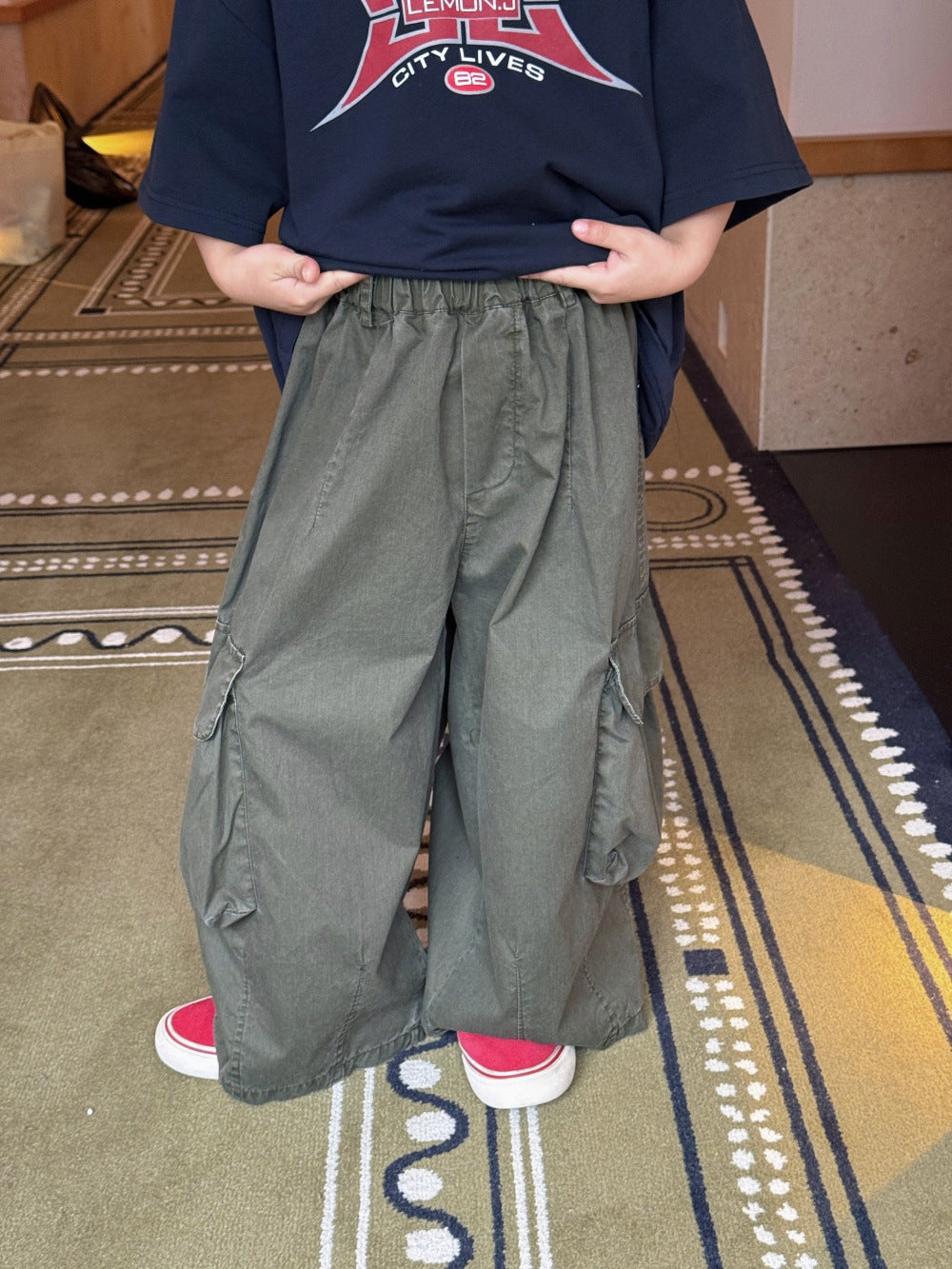 【100-160cm】美式工裝大口袋闊腿休閒長褲