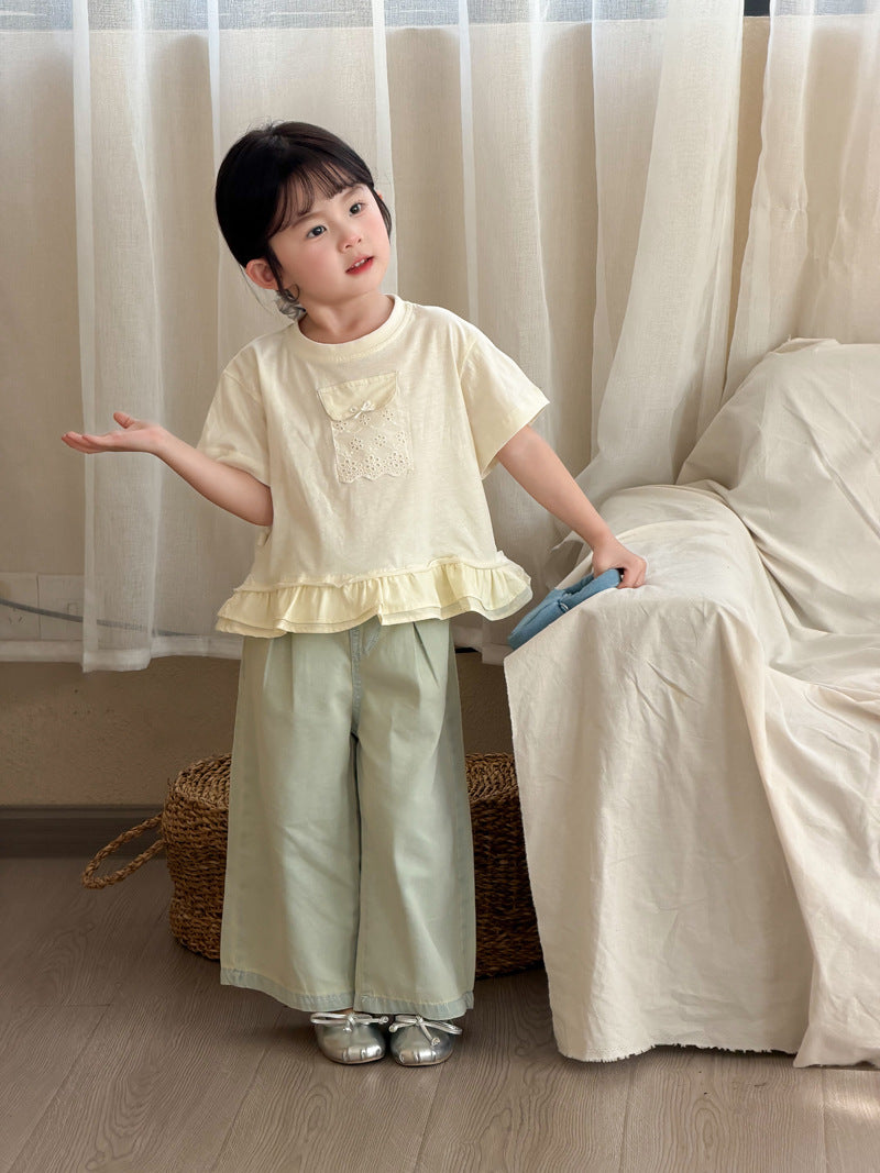 【90-140cm】荷葉邊蕾絲口袋短袖上衣