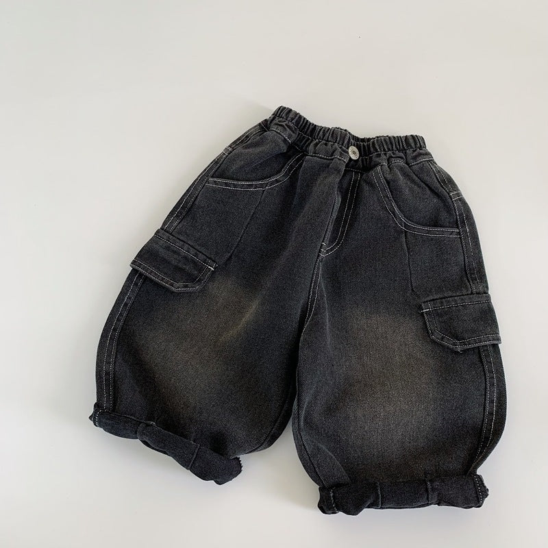 【現貨 90cm】純色口袋工裝牛仔直筒褲