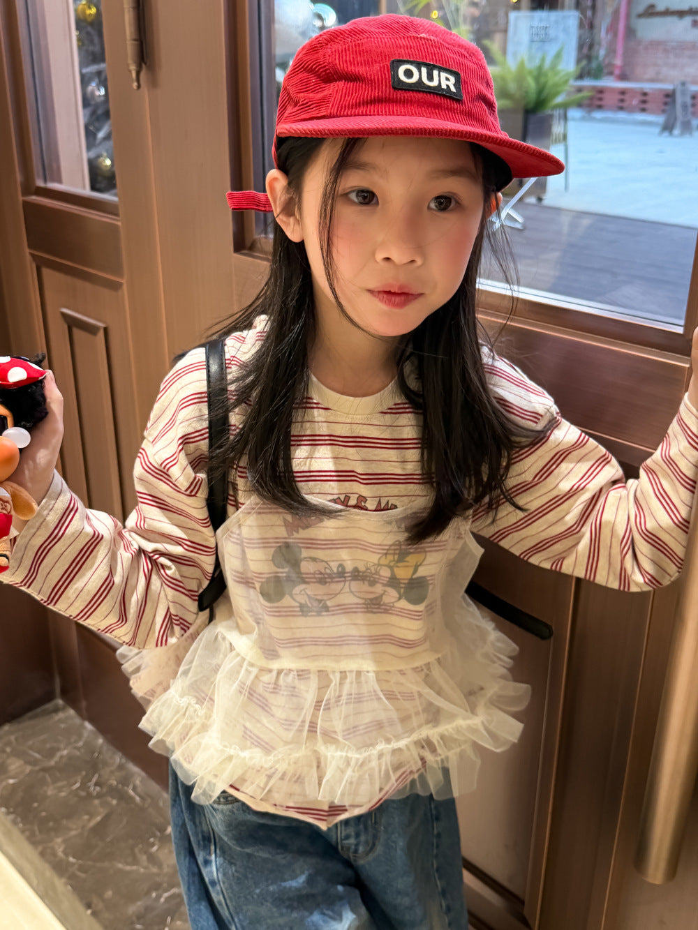 【100-160cm】百搭條紋米奇印花T+網紗兩件套