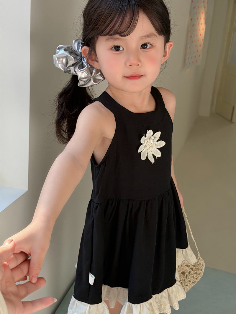 【90-140cm】法式甜美蕾絲掛脖花朵連身裙