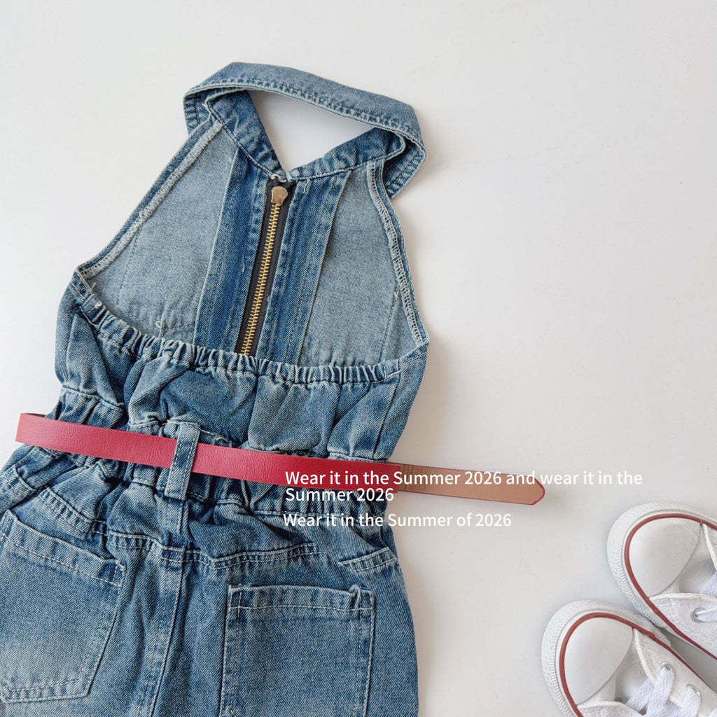 【90-150cm】【送包包皮帶】復古露背掛脖無袖翻領拉鍊高腰連身裙