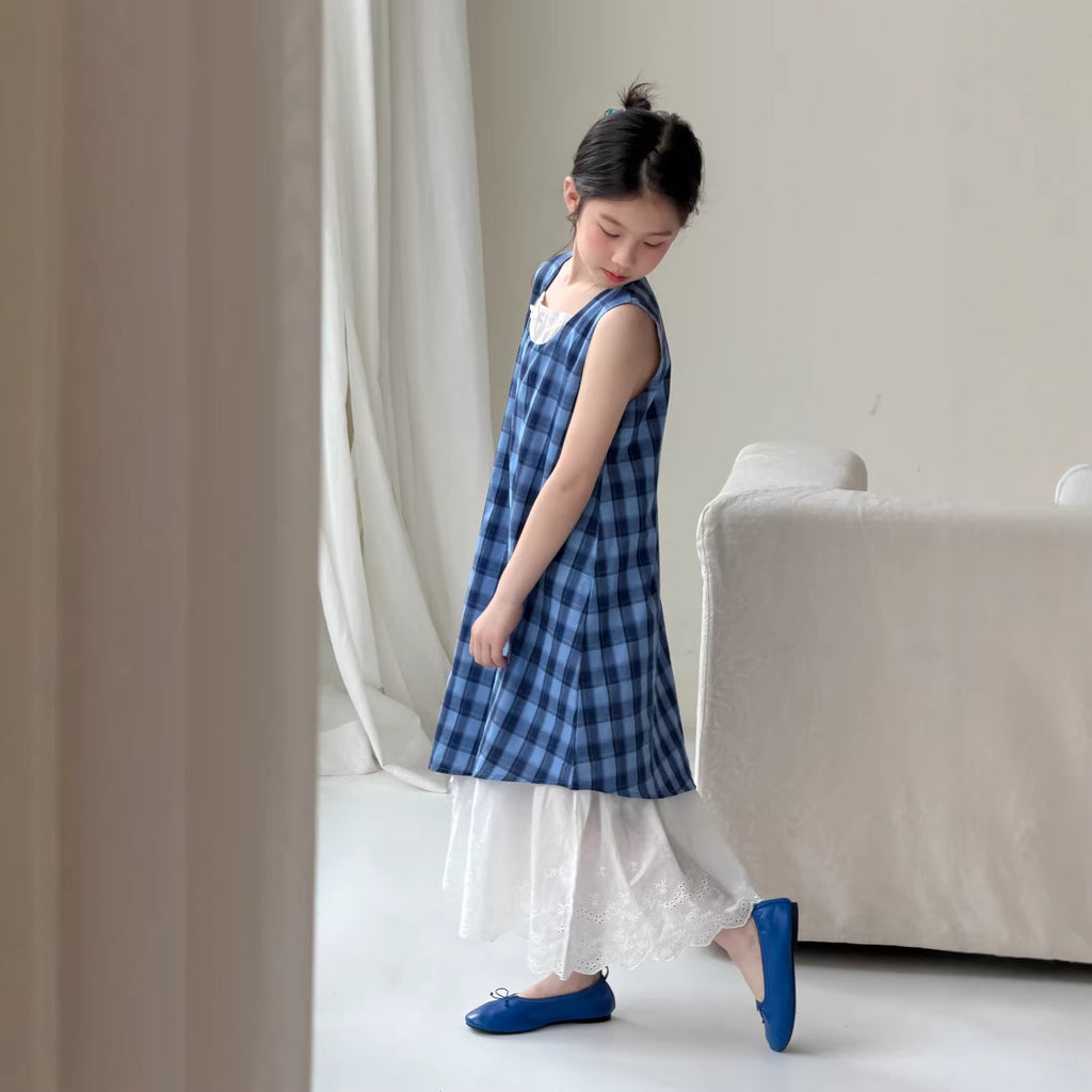 【100-160cm】韓版休閒藍格子背心裙