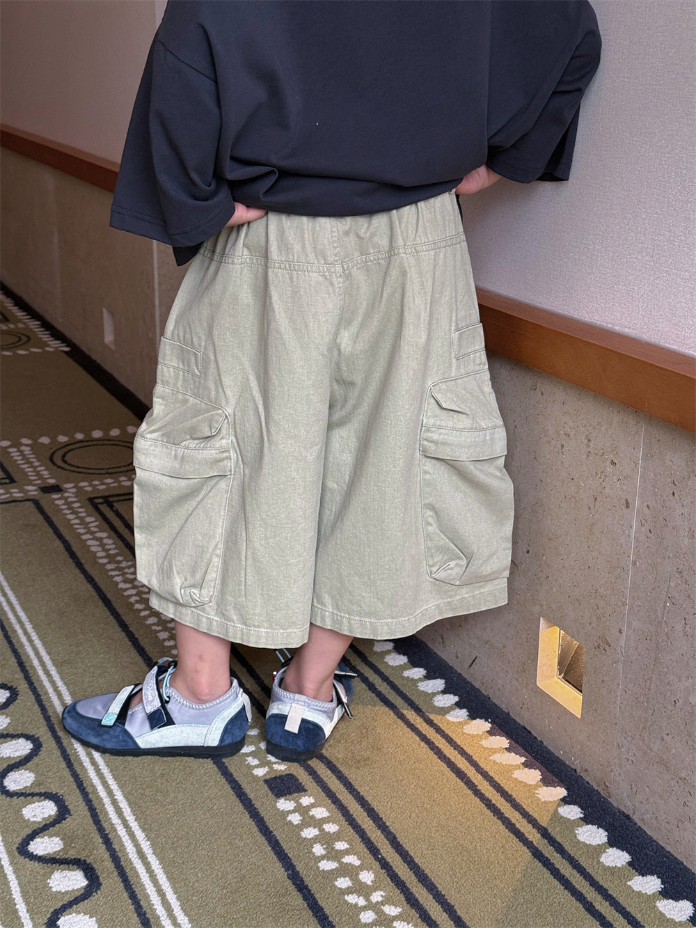 【100-160cm】韓系做舊工裝多口袋八分褲
