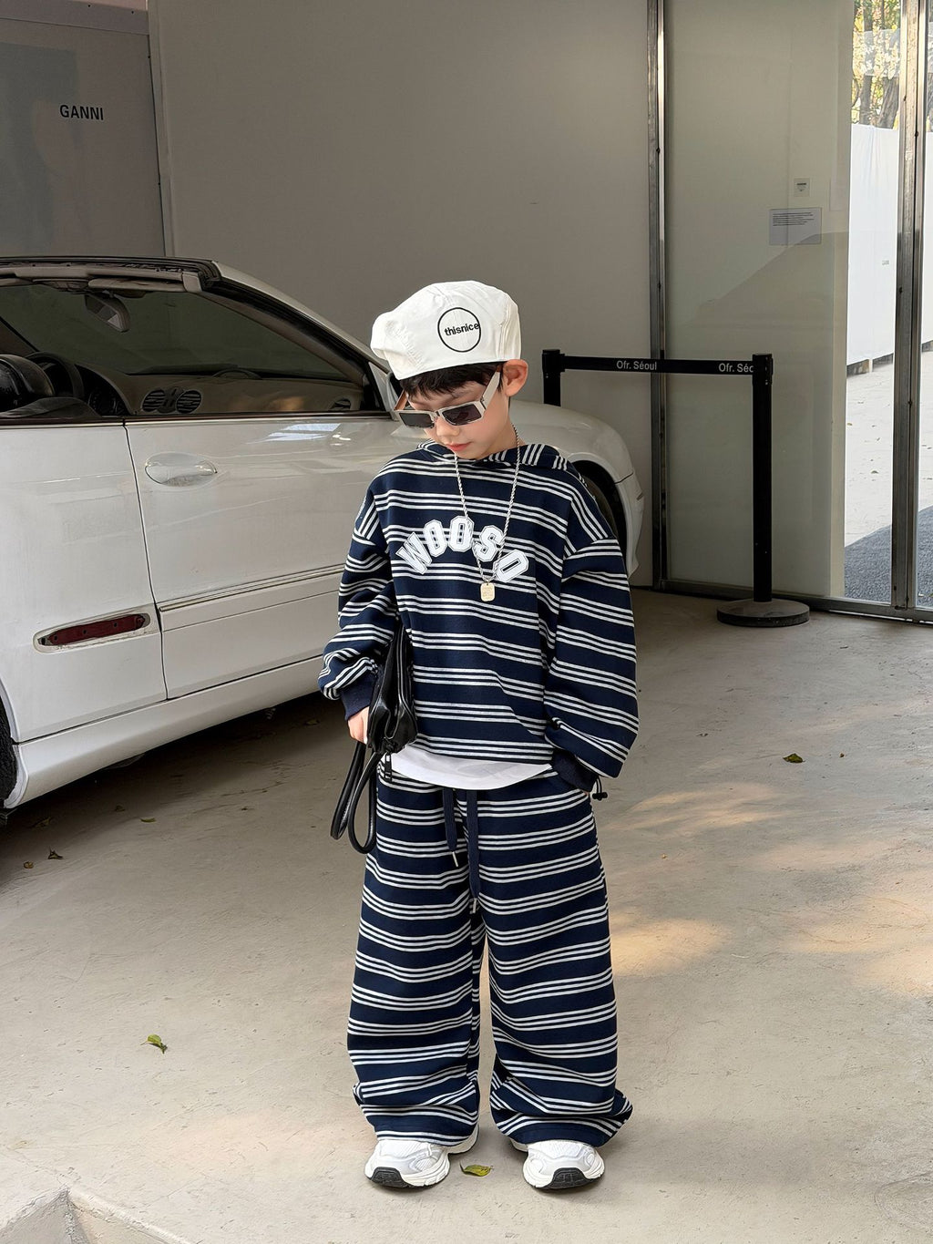 【90-160cm】韓版休閒連帽條紋套裝