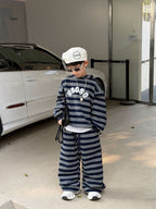 【90-160cm】韓版休閒連帽條紋套裝