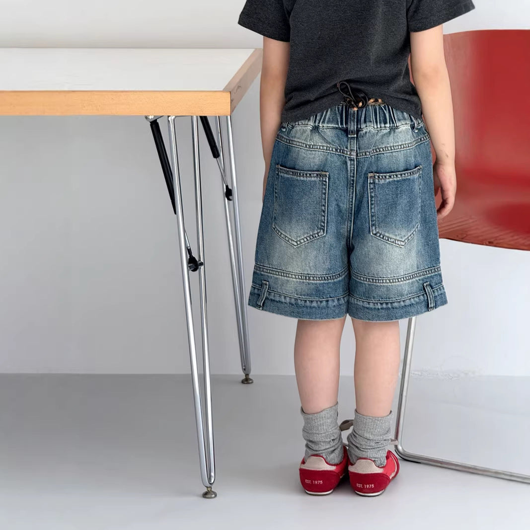 【120-160cm】復古色不規則牛仔中褲