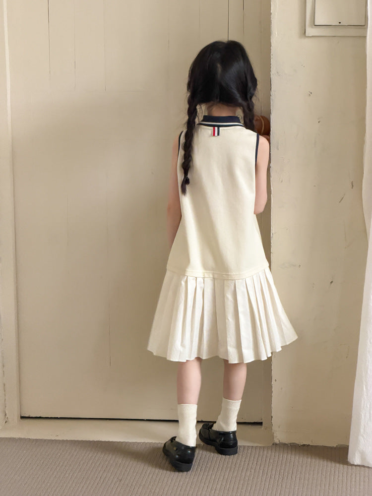 【100-170cm】韓系學院風翻領POLO百褶連身裙
