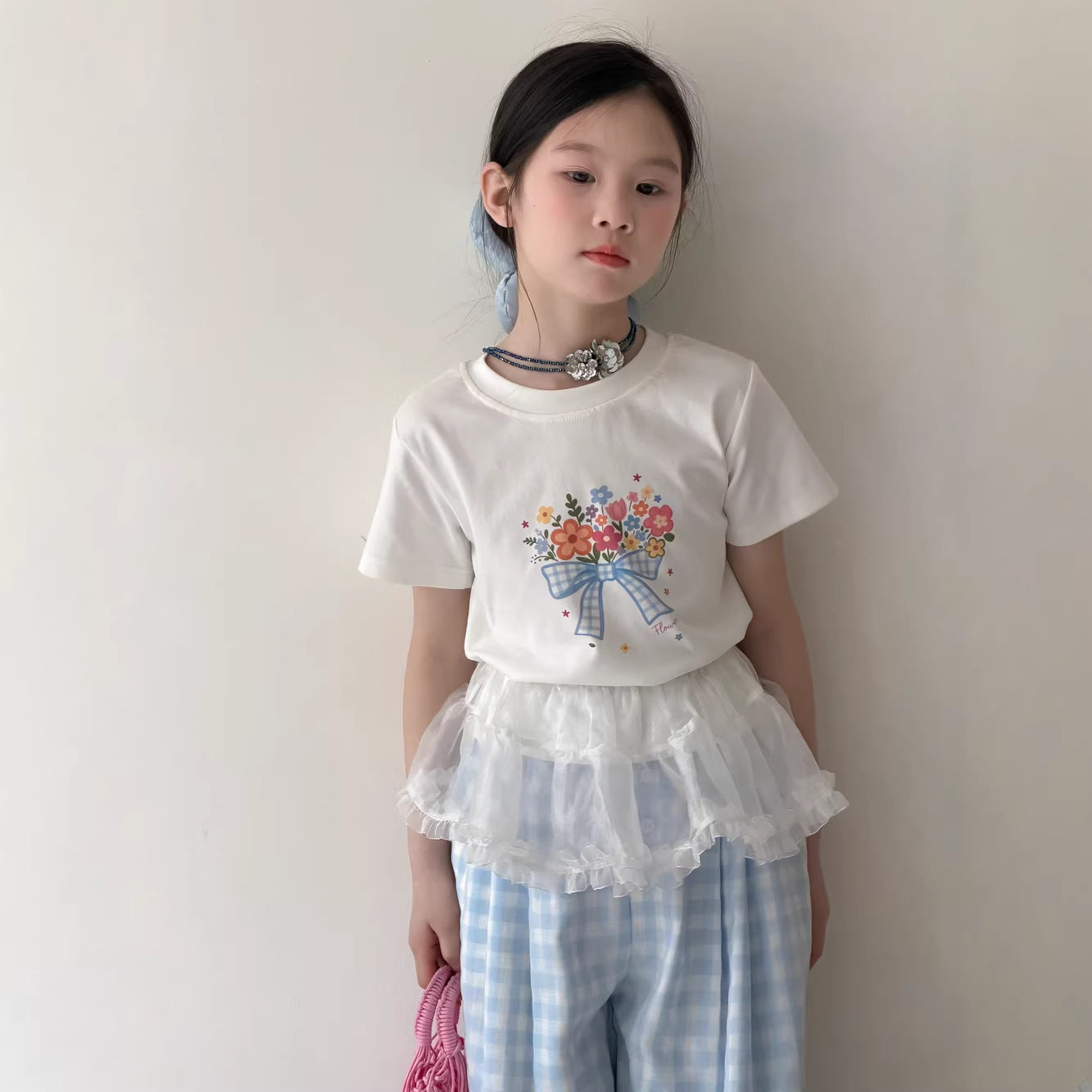 【100-160cm】韓版蝴蝶結花朵短袖