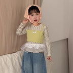 【90-140cm】假兩件長袖圓點吊帶拼色上衣