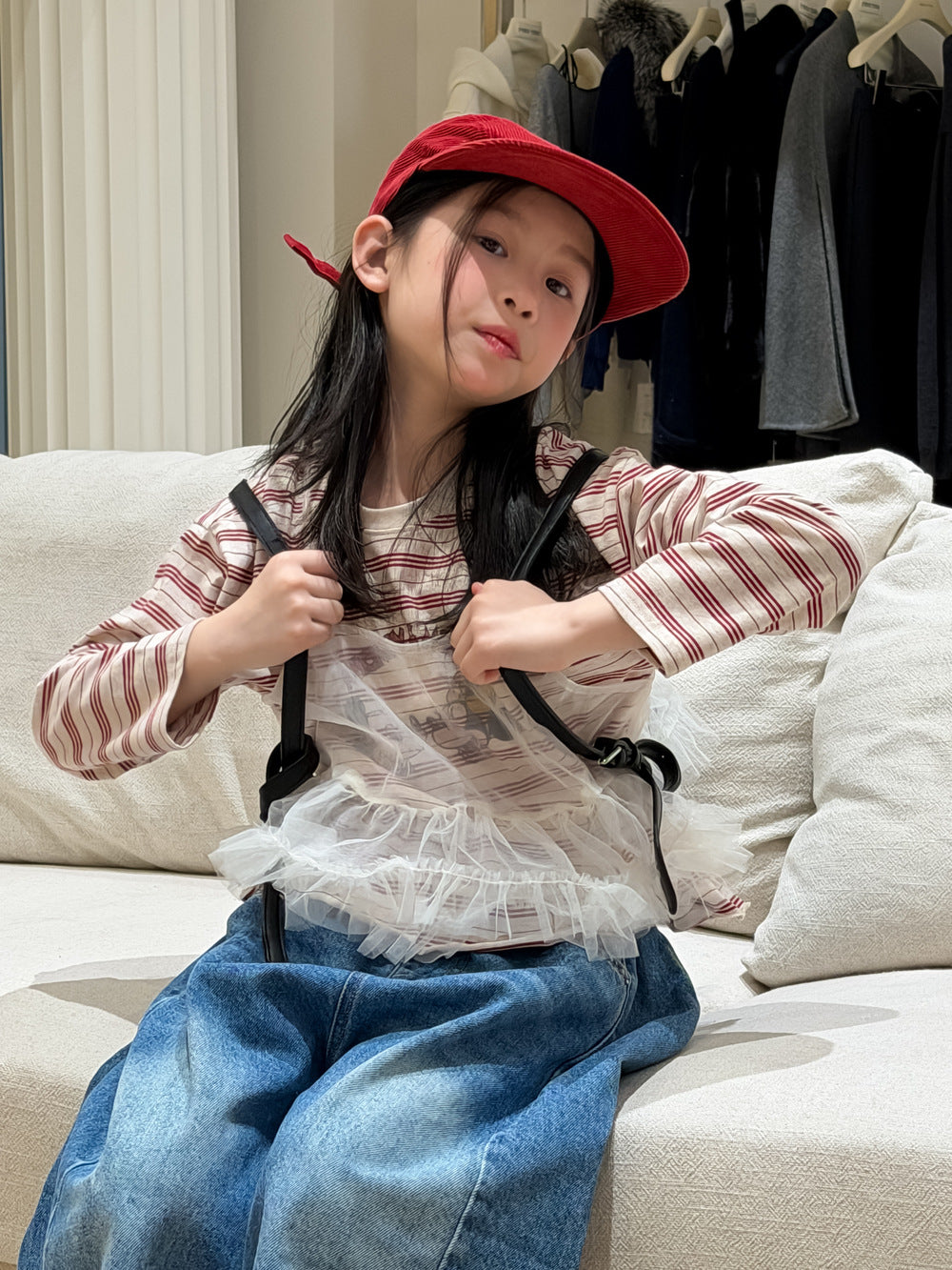 【100-160cm】百搭條紋米奇印花T+網紗兩件套