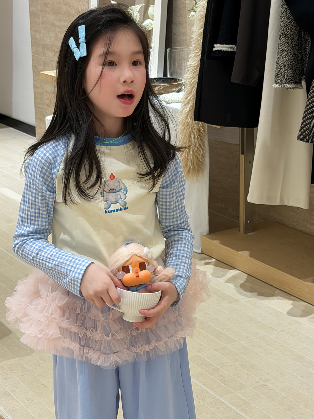 【100-160cm】卡通字母格子拼袖上衣