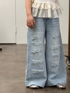 【120-160cm】破洞鑽牛仔直筒褲