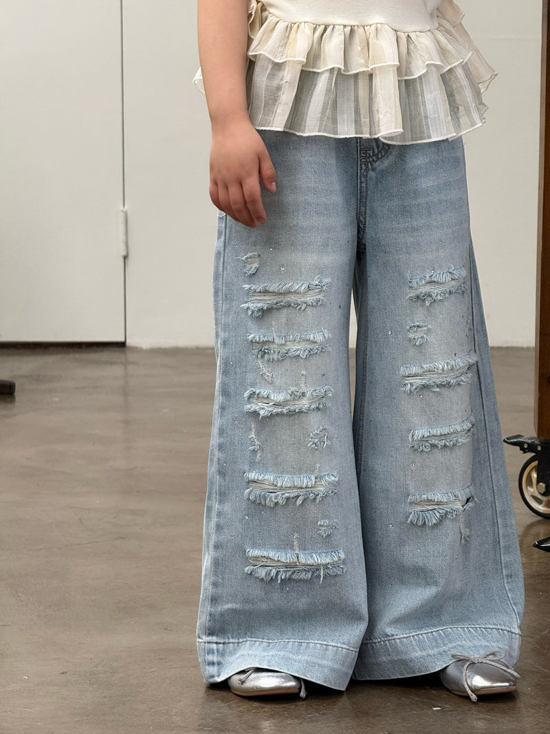 【120-160cm】破洞鑽牛仔直筒褲