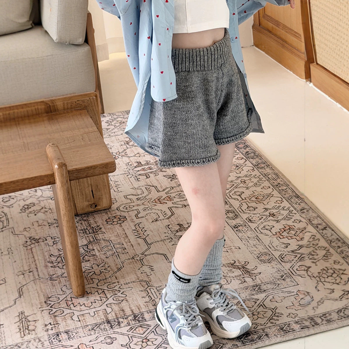 【100-150cm】(2色)寬鬆闊腿休閒毛線短褲