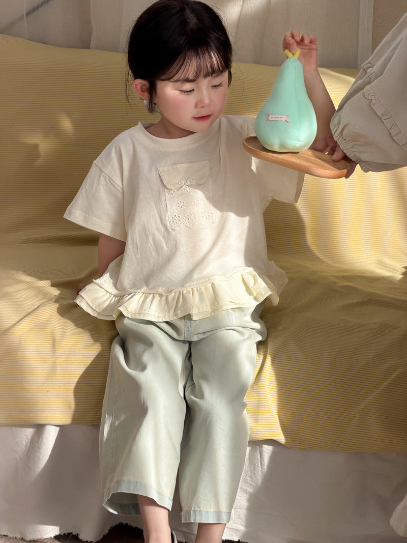 【90-140cm】荷葉邊蕾絲口袋短袖上衣