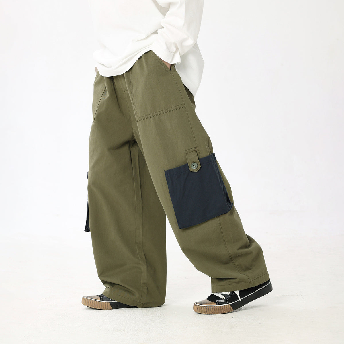 【110-170cm】꒰2色꒱撞色口袋工裝褲