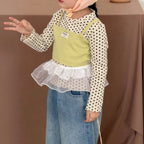 【90-140cm】假兩件長袖圓點吊帶拼色上衣