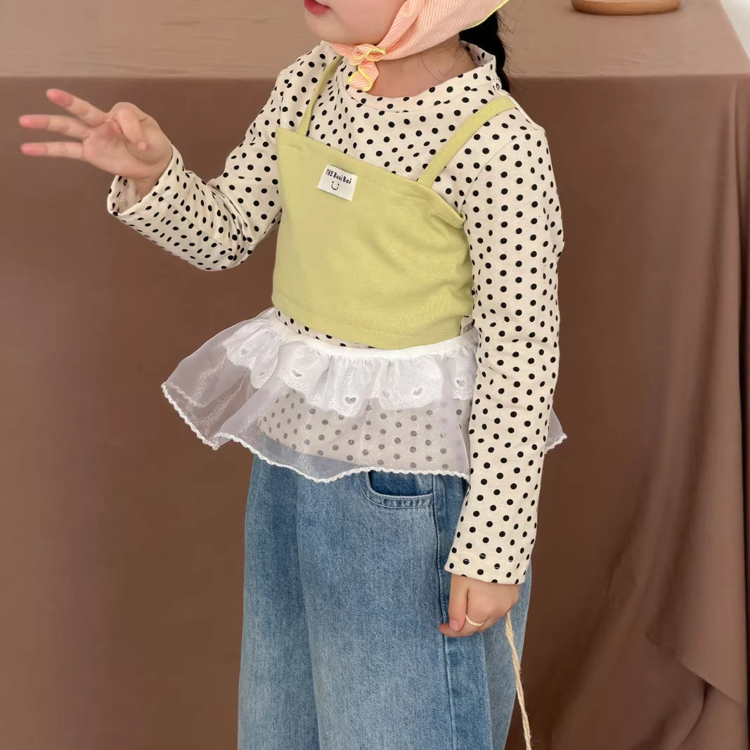 【90-140cm】假兩件長袖圓點吊帶拼色上衣