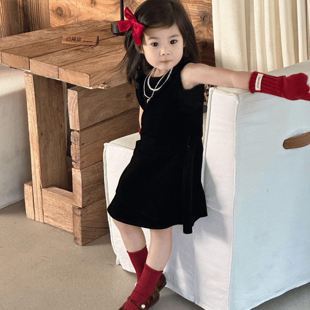 【90-140cm】小眾不規則下擺背心絲絨裙