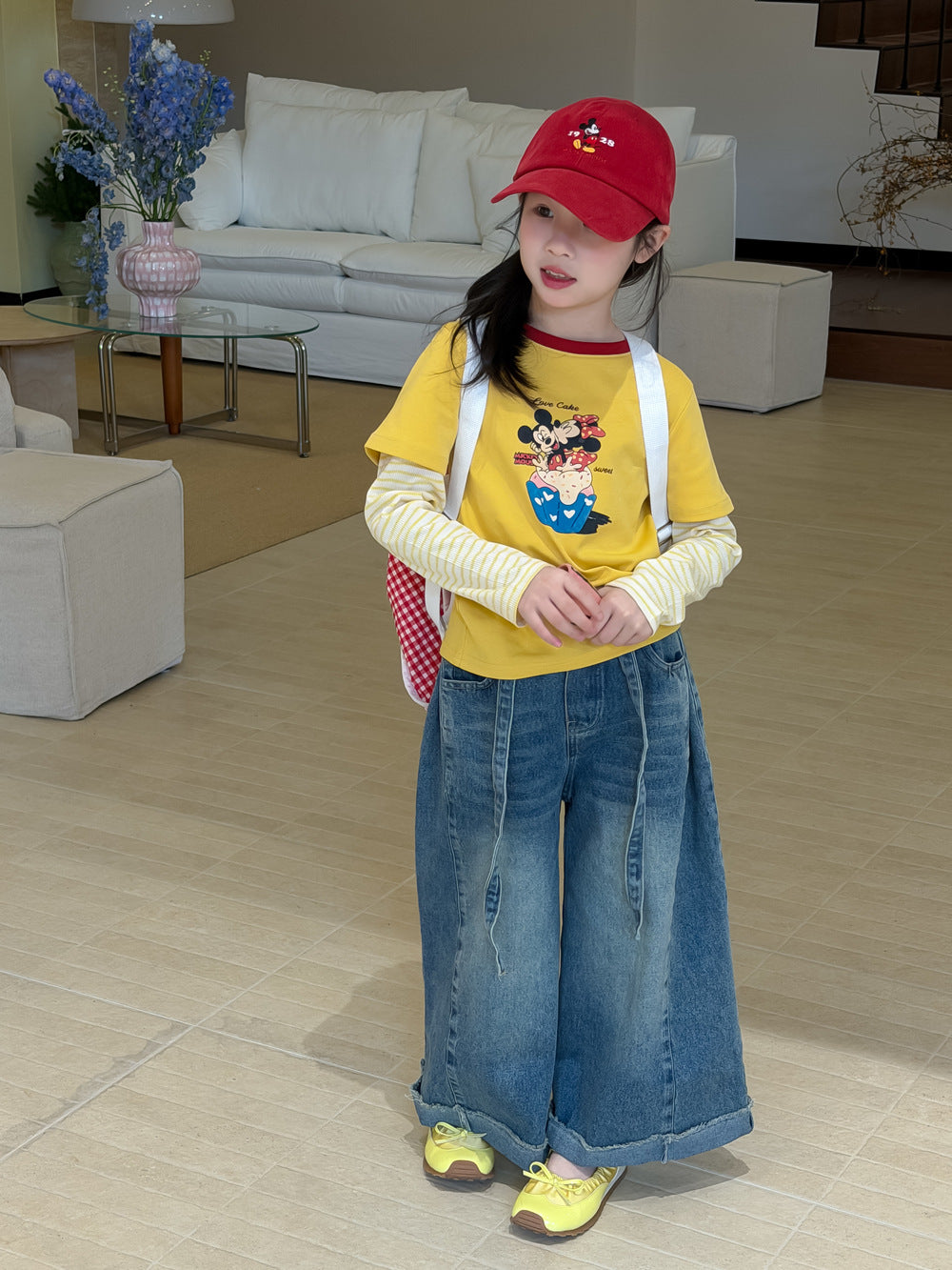 【100-160cm】韓版拼接米奇米妮假兩件上衣