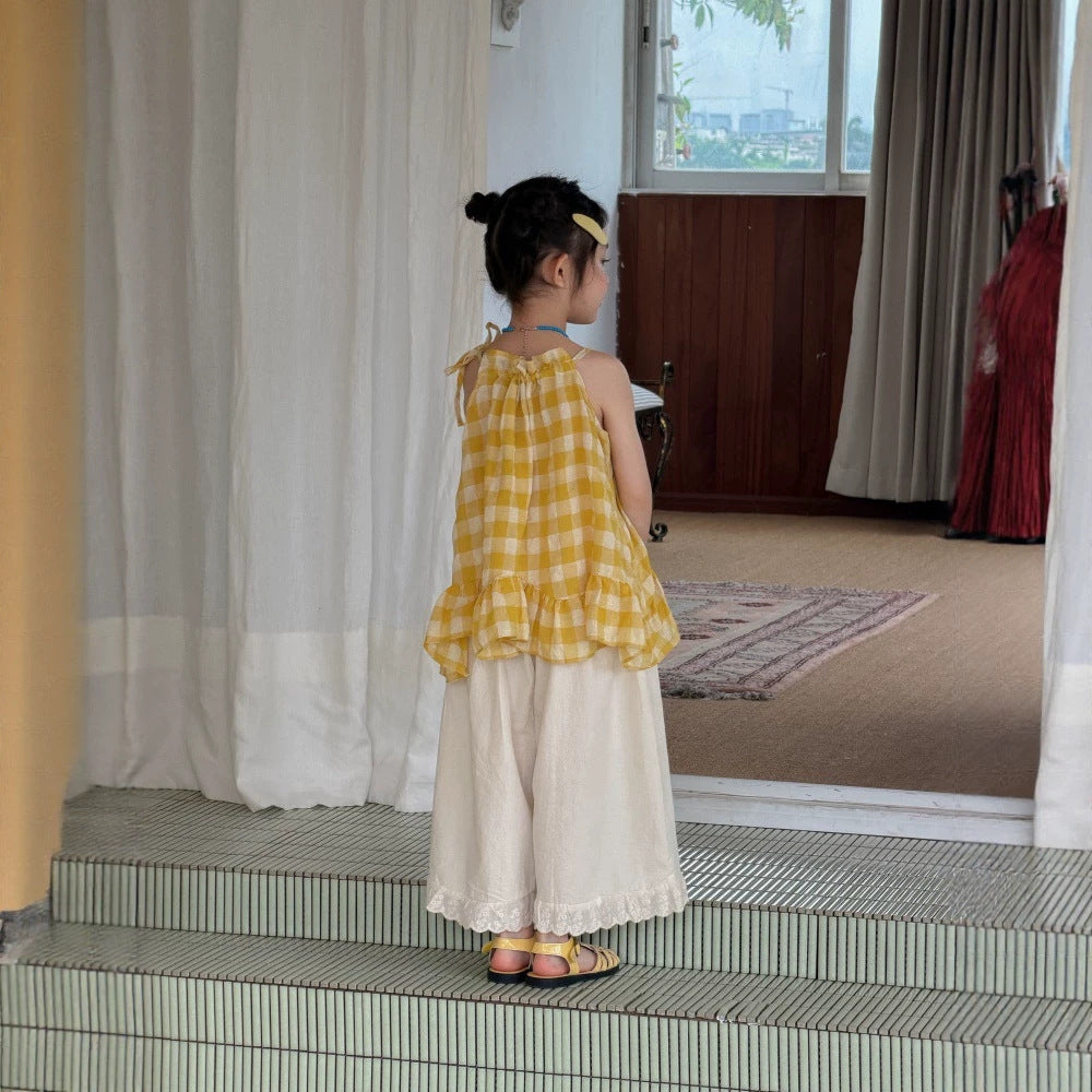 【90-150cm】格子花邊背心 | 棉麻花邊九分褲