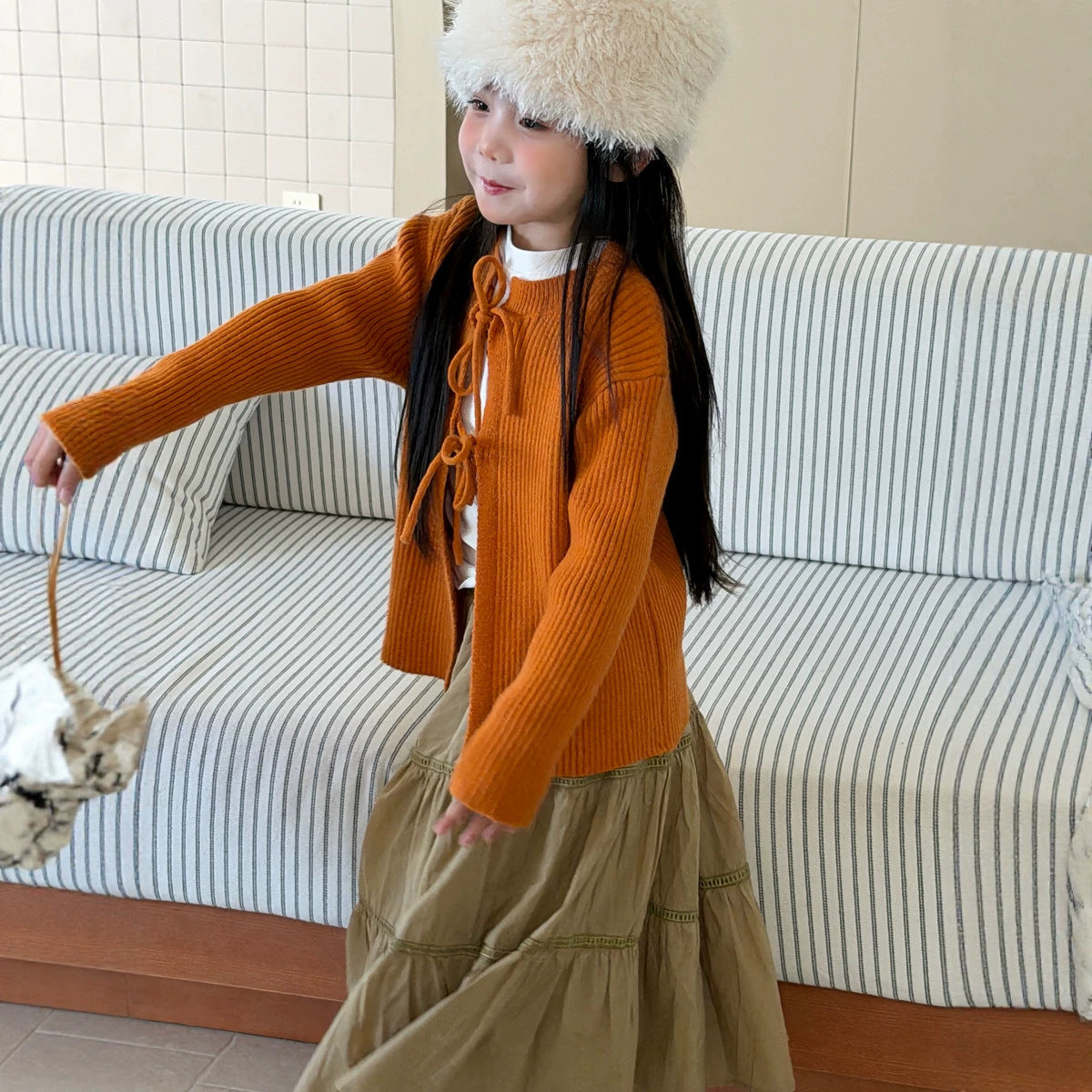 【100-150cm】橘色繫帶針織慵懶毛衣外套