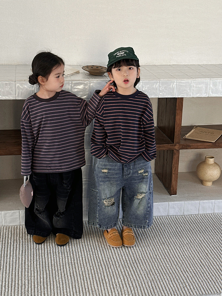 【80-140cm】撞色條紋打底衫