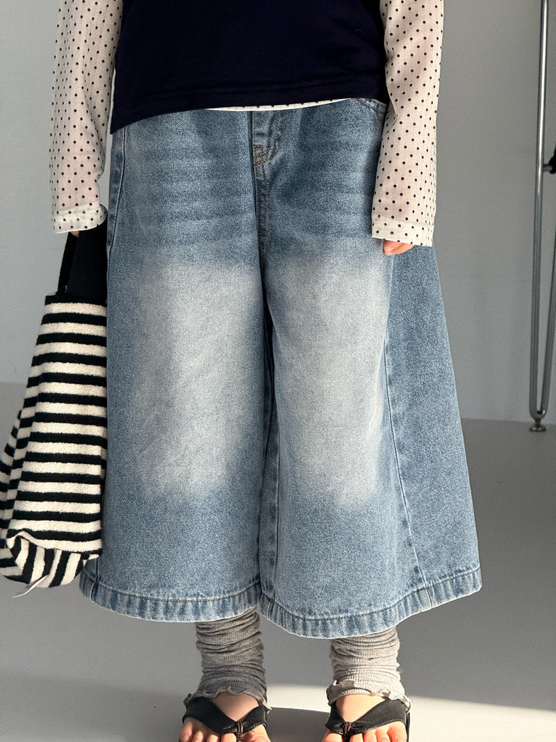 【120-160cm】過膝七分牛仔褲