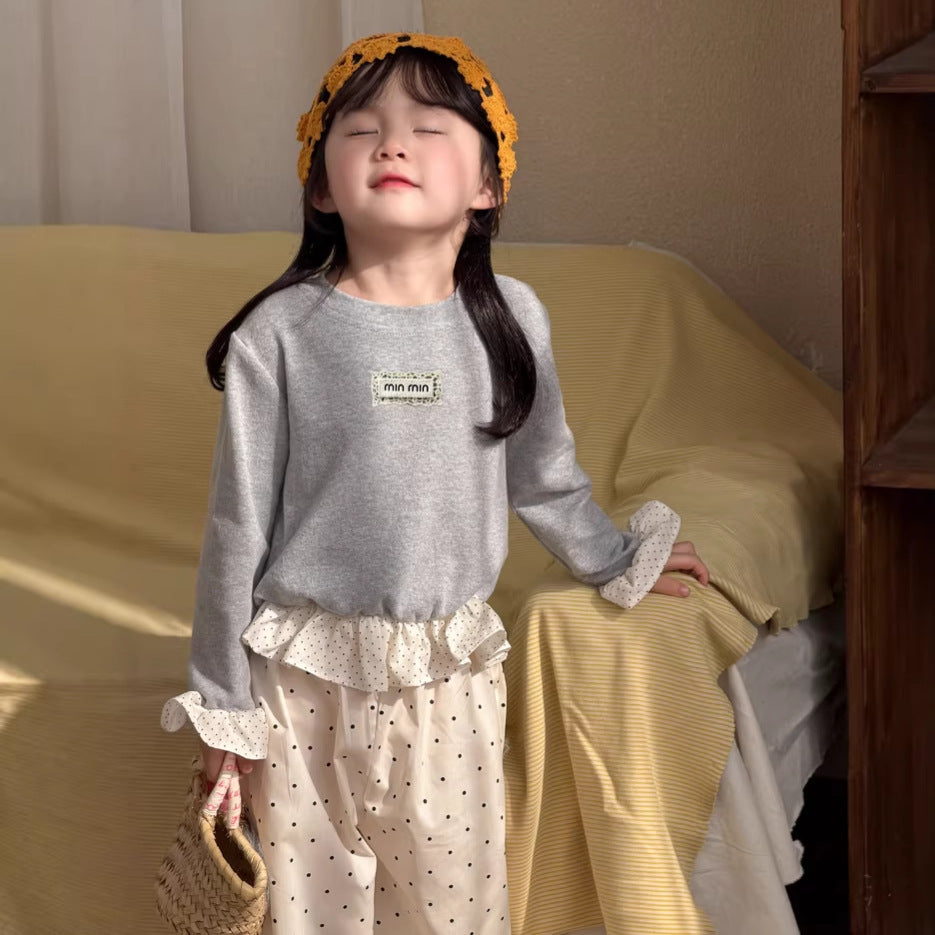 【90-140cm】一波點拼荷葉邊打底衫