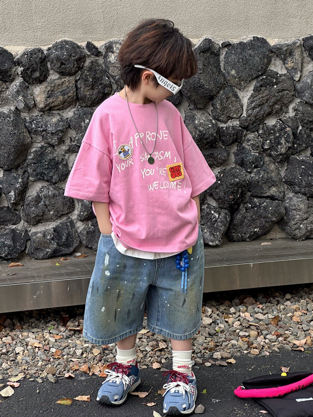【100-160cm】手工做舊甩漆牛仔五分褲
