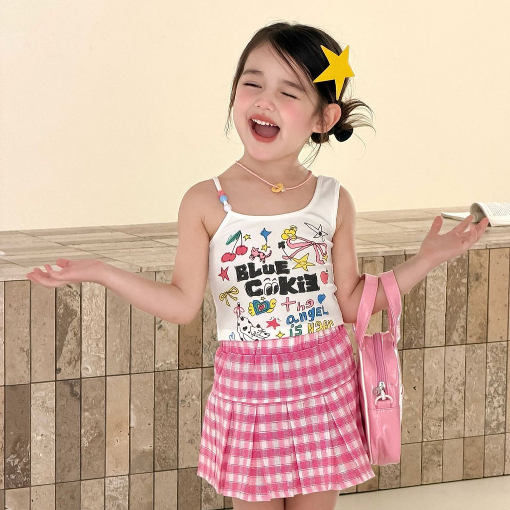 【90-150cm】美式辣妹復古印花串珠肩帶背心