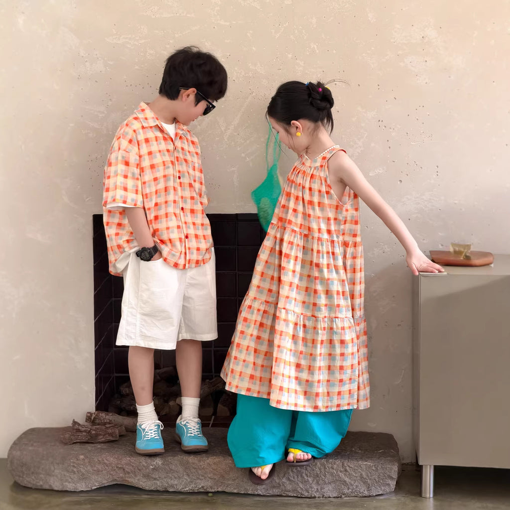 【100-160cm】柔柔奶橘格紋連身裙 | 襯衫 | 休閒褲
