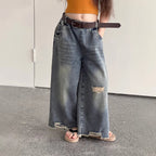 【100-150cm】 韓版破洞做舊寬鬆牛仔九分褲