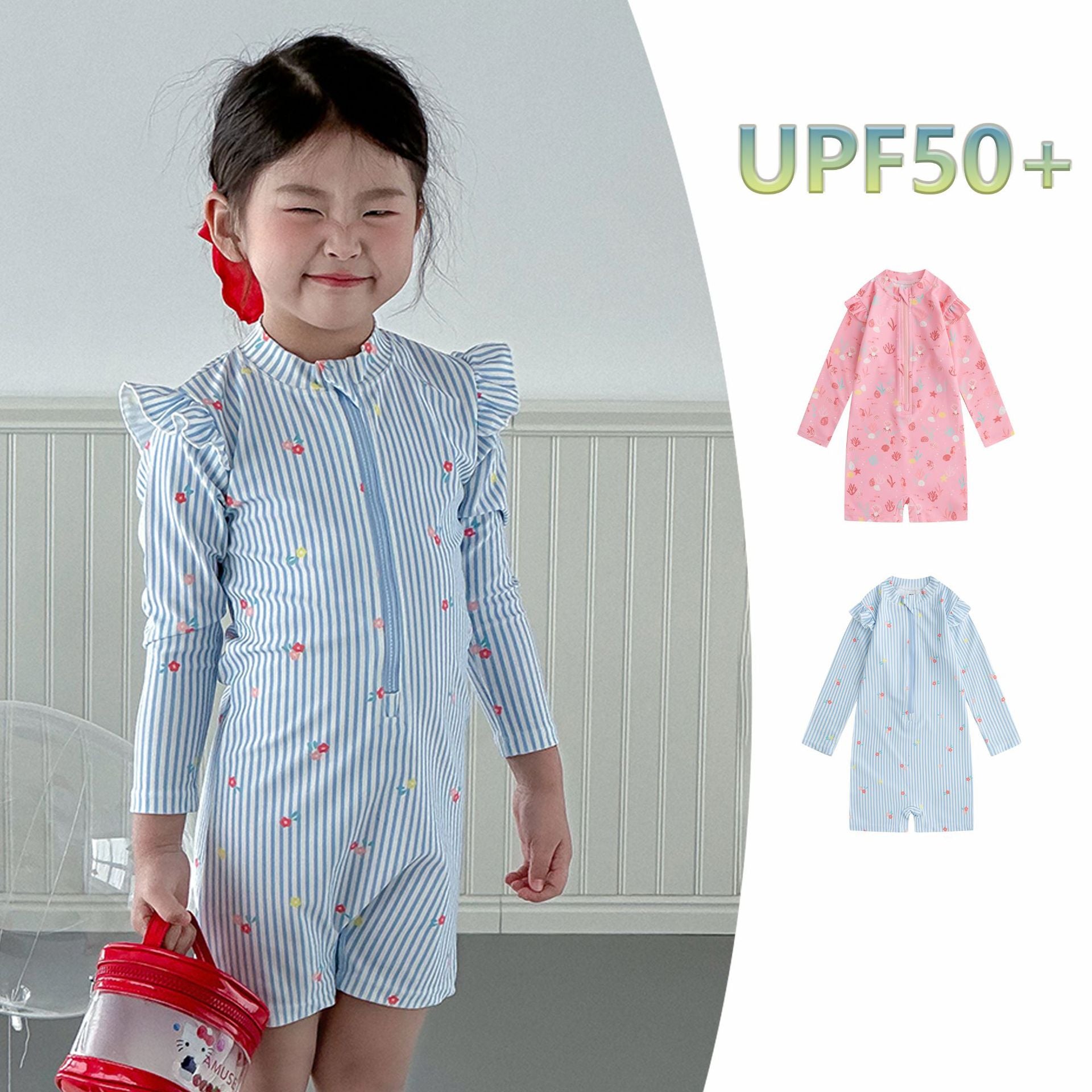 【80-130cm】UPF50+花邊長袖短褲連身泳衣(贈泳帽)