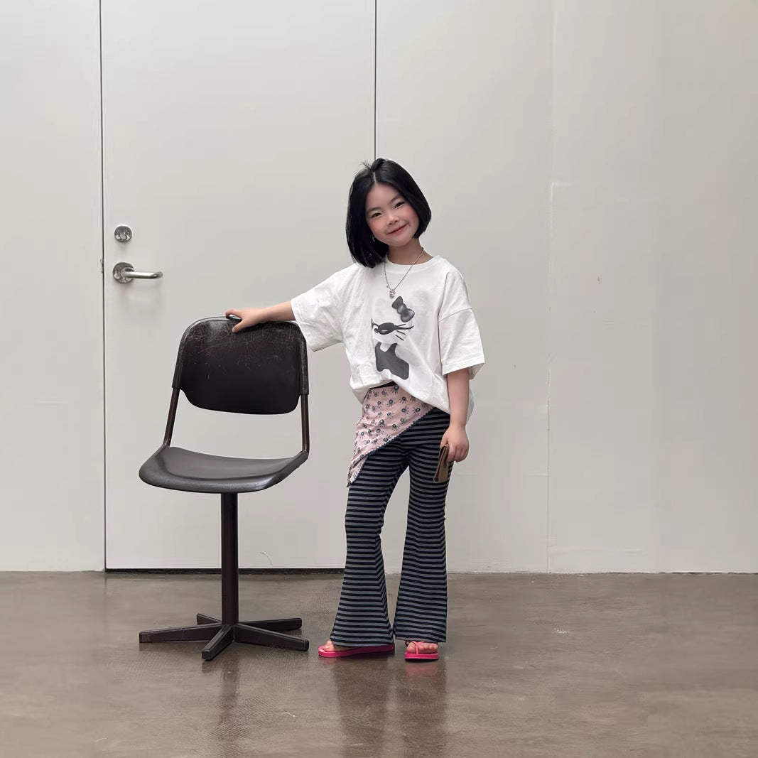 【120-160cm】條紋垂感彈性喇叭褲