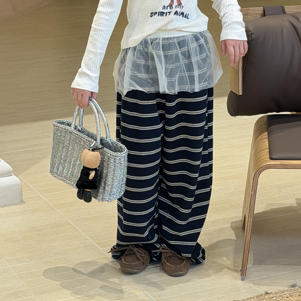 【100-160cm】輕薄寬鬆條紋闊腿褲